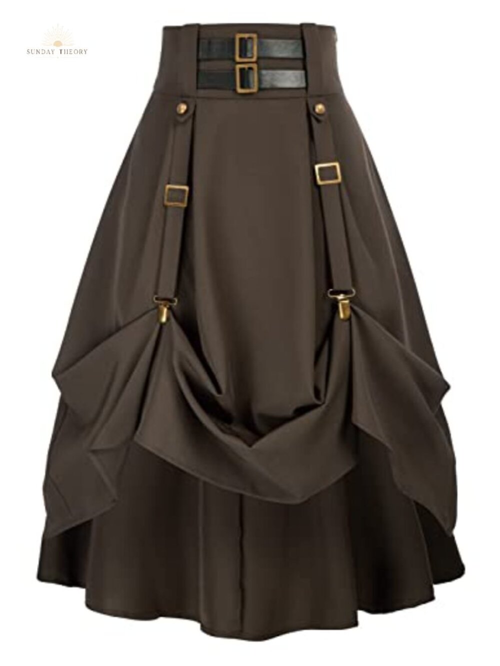 Steampunk High Waisted Midi Skirt with Pockets Adjustable High Low Hem